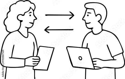 An illustration depicting interdepartmental meetings between marketing and IT teams, visually connecting different professions through collaboration and shared goals.