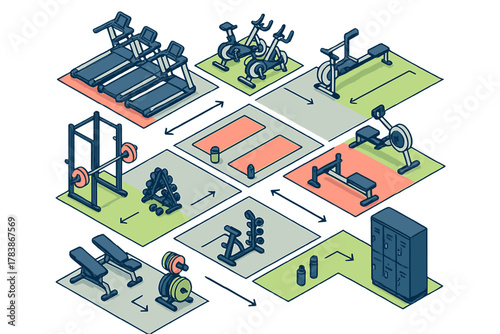 Isometric arrangement of essential fitness equipment in a modern gym setting