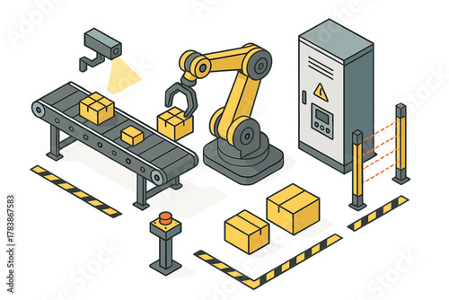 Robotic arm moving packages on an automated industrial assembly line conveyor system