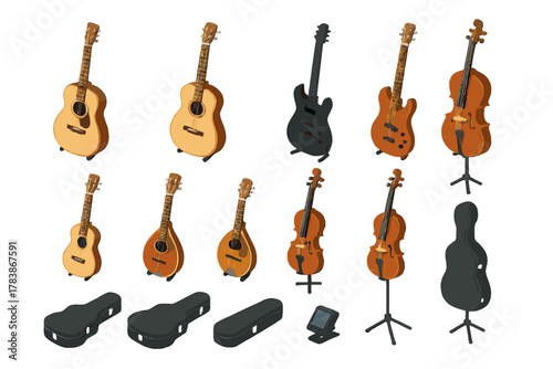 Collection of string musical instruments and accessories including guitars, basses, mandolins, and cellos