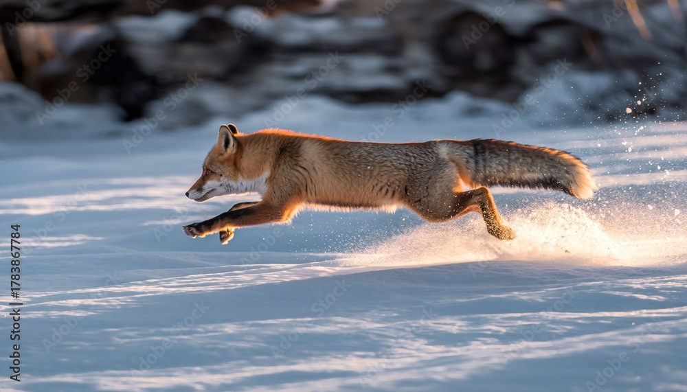 Fototapeta premium Wild red fox leaping through pristine snow with dramatic motion blur and golden winter sunlight