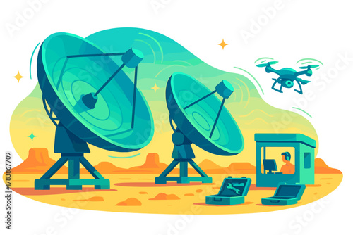 Large satellite dishes receiving signals with a drone monitoring a remote area