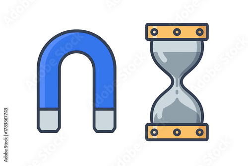 Blue horseshoe magnet next to a classic sand timer symbolizing attraction and the passage of time