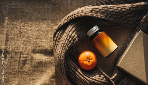 Cozy winter wellness essentials arranged on natural linen with warm amber lighting and knitted wool textures