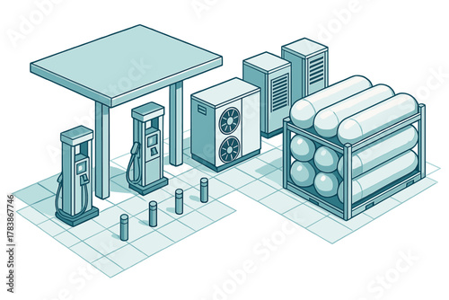 Modern alternative fuel station infrastructure with hydrogen storage tanks and dispensers