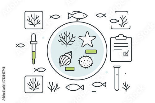 Scientific research and study concepts featuring marine life and laboratory equipment symbols