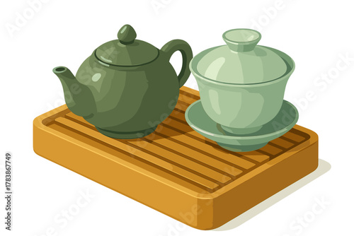 Traditional Chinese tea ceremony set with teapot and gaiwan on a wooden serving tray