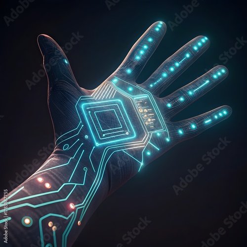 Futuristic Cyberpunk Human Hand with Glowing Embedded Circuit Lines, Neon Tech Glow, High-Tech Digital Concept