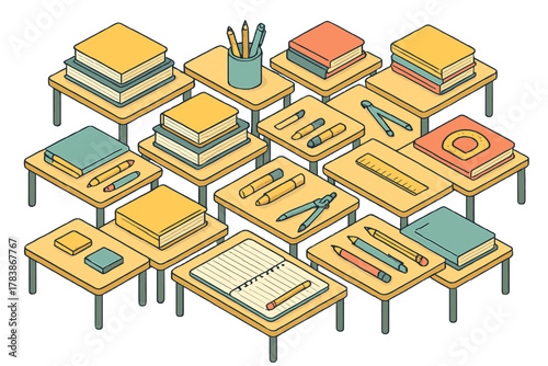 Isometric arrangement of multiple school desks covered with stacks of textbooks and various learning tools