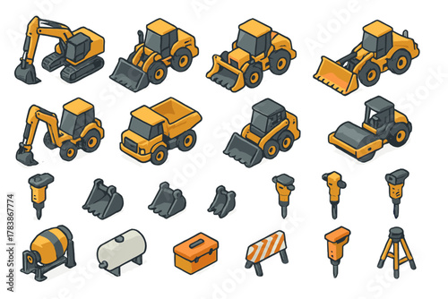 Yellow heavy construction vehicles, equipment, excavators, loaders, and tools