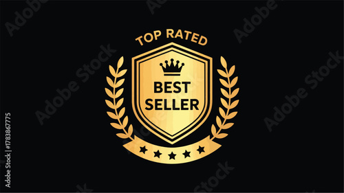 Golden Best Seller badge with crown and laurel wreath on black background top rated award