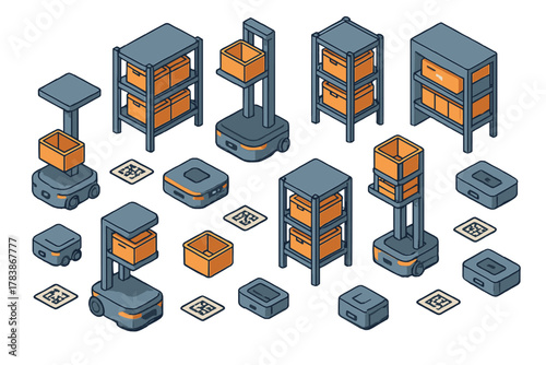 Isometric set of autonomous mobile robots, storage racks, and logistics elements