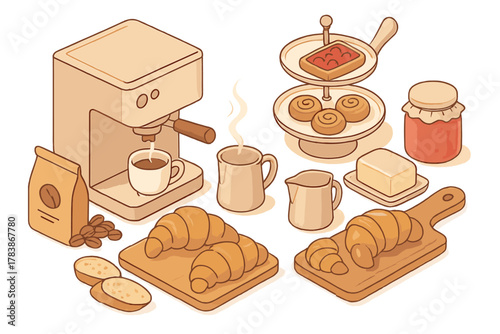 Cozy isometric breakfast scene with espresso machine, fresh croissants, coffee, and sweet pastries