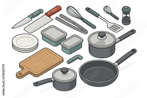 Isometric collection of essential kitchen utensils and cooking equipment including pots, pans, and knives
