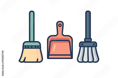 Set of essential household cleaning tools including two brooms and a dustpan