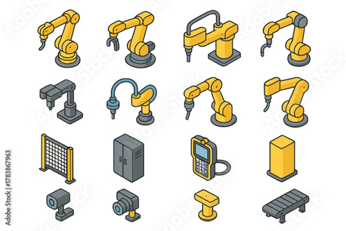 Isometric set of industrial automation elements robotic arms sensors and factory machinery