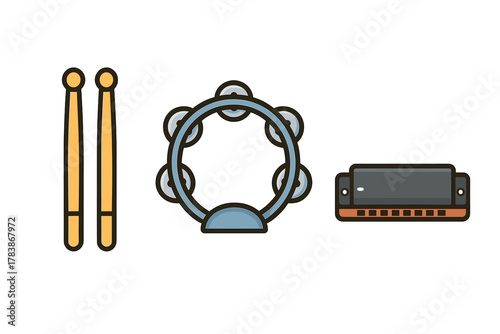 Collection of musical instruments including drumsticks, tambourine, and harmonica