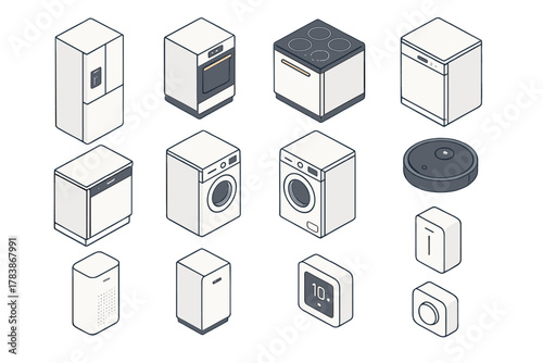 Modern isometric icons set of smart home appliances and kitchen electronics devices