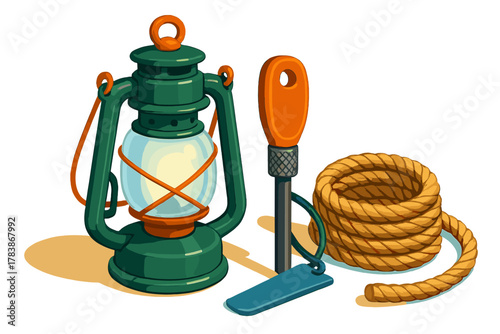Classic green camping lantern, ferro rod fire starter tool, and thick coiled rope for outdoor survival