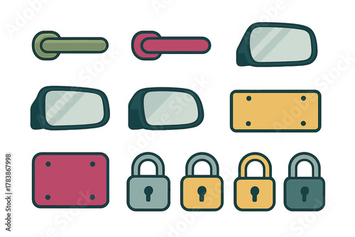 Automotive parts and security items collection featuring door handles mirrors license plates and padlocks