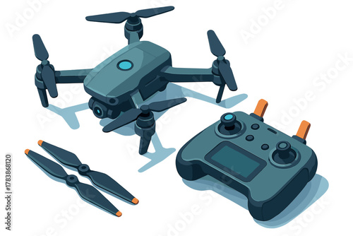 Modern aerial quadcopter drone with remote controller and spare propellers