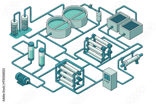 Isometric diagram of industrial water purification and filtration system components and process flow