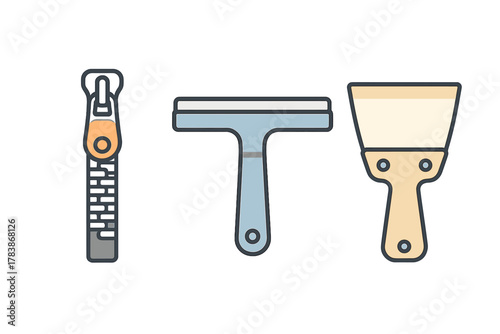 Zipper, window squeegee, and putty knife tool icons representing household and clothing maintenance