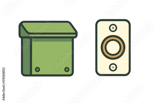 Stylized green storage container and modern rectangular audio speaker device
