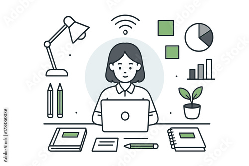 Professional woman working remotely at desk managing business data and creative projects