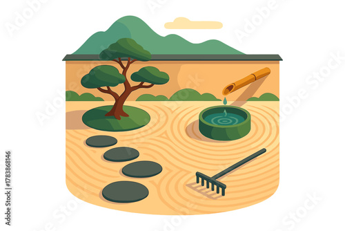 Serene Japanese Zen garden scene with raked sand, stepping stones, bonsai tree, and bamboo water spout