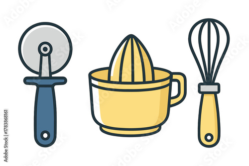 Essential kitchen tools set featuring a pizza cutter, citrus reamer, and wire whisk