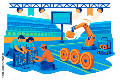 Engineering team assembling electronic components and wiring a circuit board for a robotics competition
