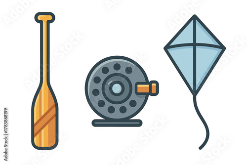 Collection of outdoor recreation equipment including a wooden paddle, fishing reel, and flying kite