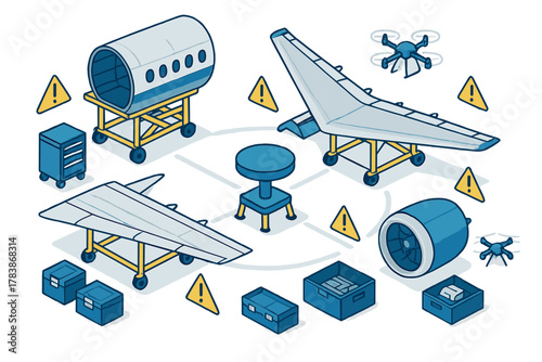 Isometric view of aerospace components: fuselage, wings, jet engine, and maintenance equipment