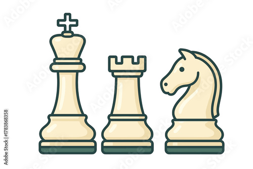 Classic white chess game pieces including the King Rook and Knight standing together