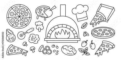 Hand-drawn pizza ingredients set for a delightful pizzeria menu design or a charming recipe book illustration, perfect for food lovers!