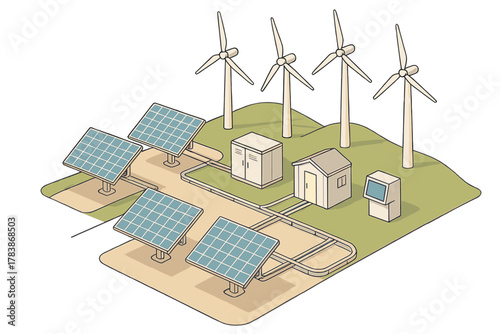 Hybrid renewable energy system combining solar photovoltaic panels and wind turbines connected to a power grid infrastructure