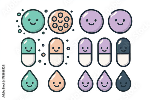 Smiling medication icons set featuring round pills, capsules, and liquid drops characters