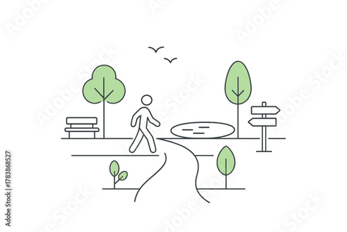 Person walking on a winding path through a public park featuring trees, a pond, and a bench