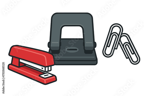Essential office supplies set featuring a red stapler, dark gray paper punch, and metallic paper clips