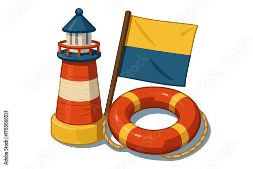 Striped lighthouse, life preserver, and signal flag maritime safety objects