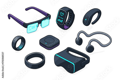 Isometric collection of wearable technology devices including smart glasses fitness tracker and VR headset