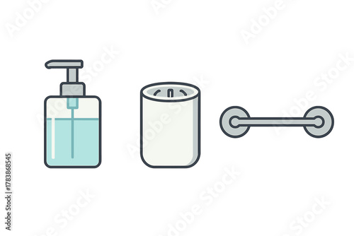 Set of bathroom accessories including soap dispenser, toothbrush holder, and towel rail