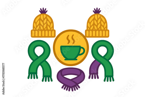 Cozy winter accessories set featuring knitted beanies, long scarves, and a central hot beverage cup symbol