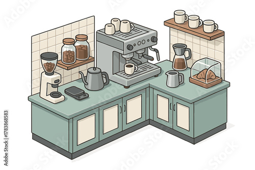 Coffee shop counter with espresso machine grinder and pastry display case