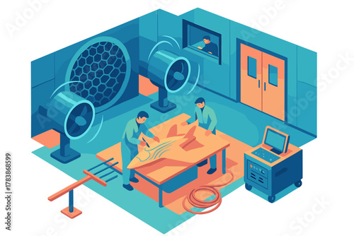 Engineers testing fighter jet prototype model aerodynamics in specialized wind tunnel laboratory