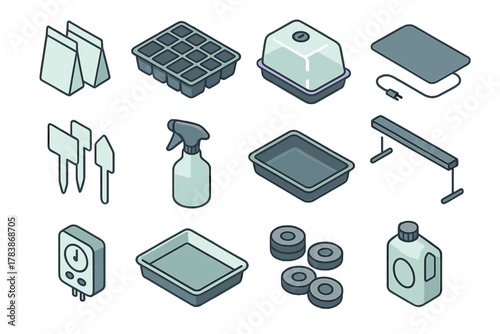 Isometric seed starting equipment set with trays, heat mat, and grow light