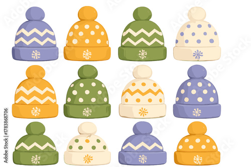 Collection of twelve cozy winter hats featuring pom-poms and various seasonal patterns