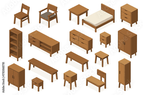 Isometric collection of wooden furniture elements for home interior design and decoration
