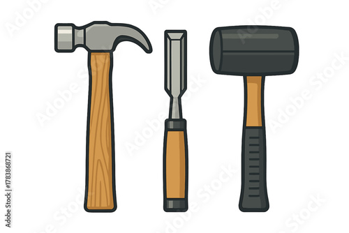 Set of essential hand tools for woodworking and construction including hammer, chisel, and mallet